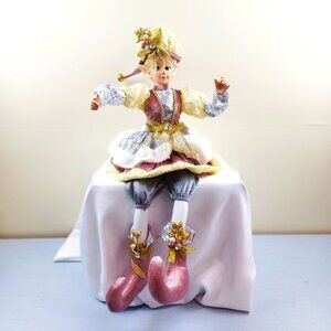 Elegant Vintage Jester Doll With Sequined Outfit Velvet Shoes Decorative Hat Wit